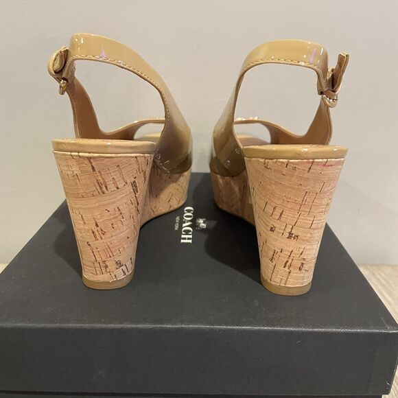 COACH Women's Tan Ferry Patent Shell Slingback Wedge Peep Toe Heels Shoes Size 7 - Picture 4 of 14